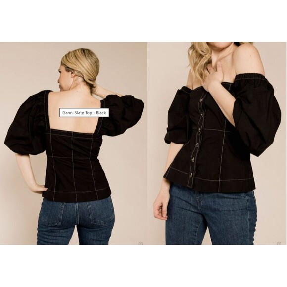 Ganni Slate Top Black Puff Sleeves Size 36 Button Front Blouse %100 Cotton - Picture 2 of 9